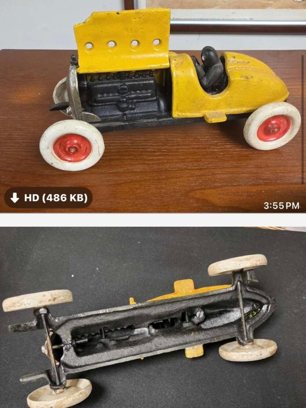 Vintage Cast Iron No. 5 Yellow Race Car Toy with Driver Hinged Hood